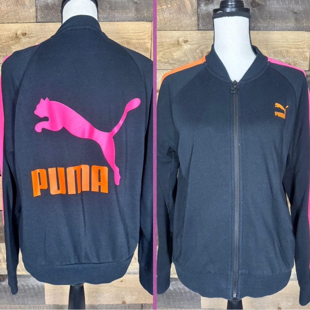 Puma Black Track Jacket with Vibrant Pink and Orange Accents